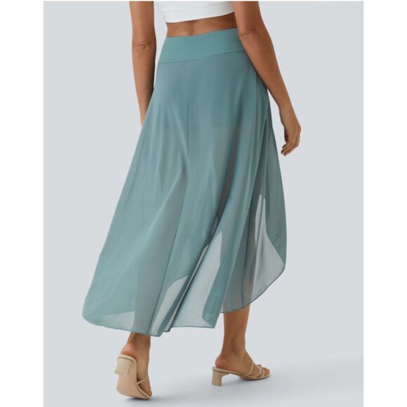 Halara High Waisted High Low Ruffle 2-in-1 Pocket Flare Mesh Maxi Skirt Sz XL Bl - Picture 3 of 11